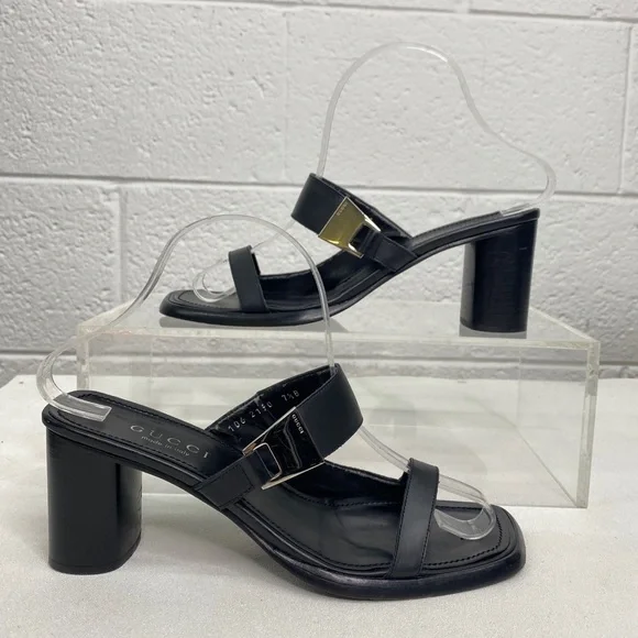 Gucci Black Leather Double Strap Block Heel Slides Sandals women’s size 7.5 - Picture 2 of 12